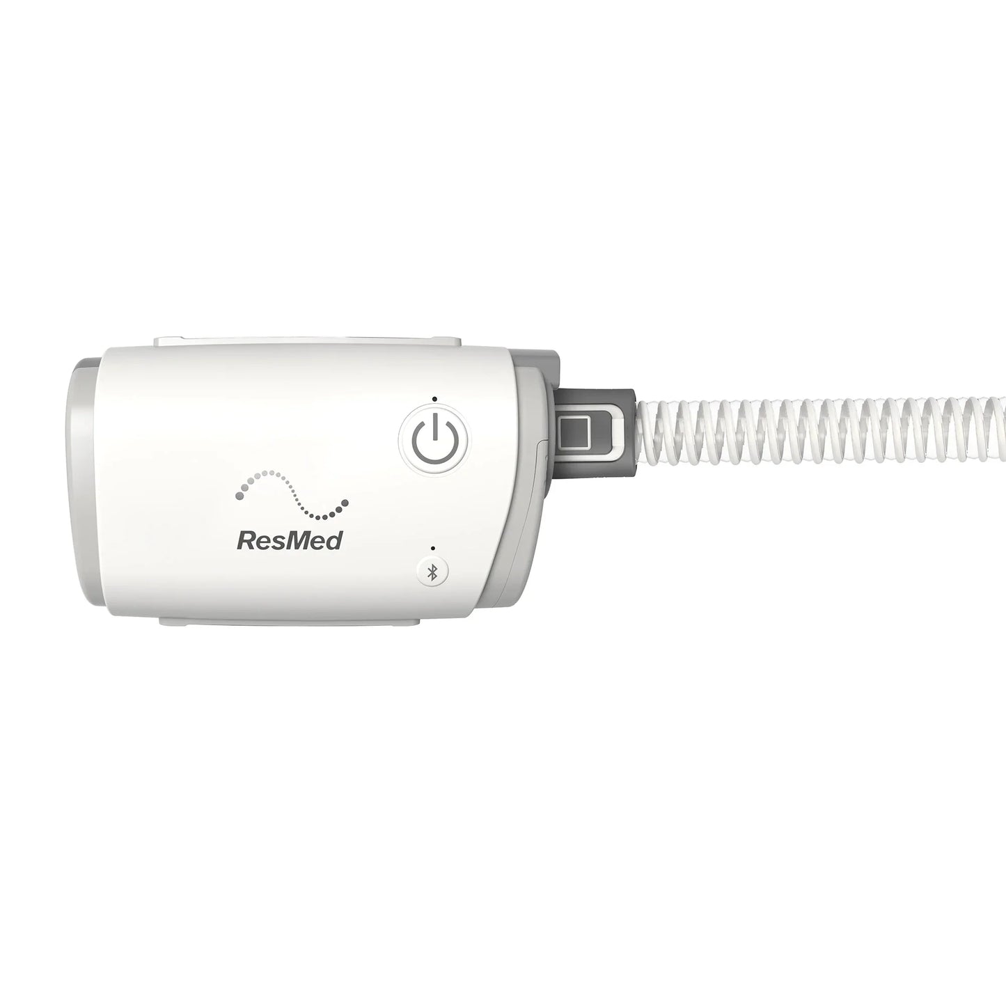 ResMed CPAP machine with attached air hose, compact sleep apnea device on white background
