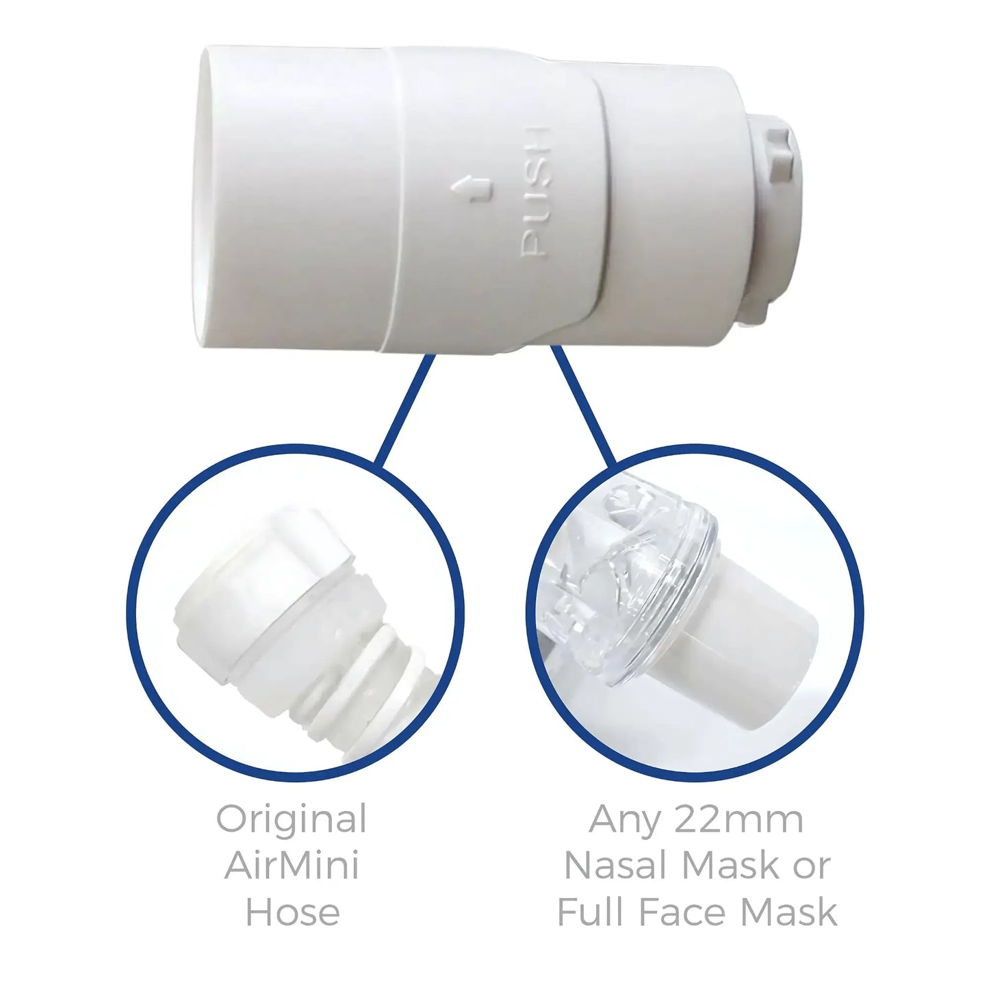 CPAP hose adapter for AirMini hose and 22mm nasal or full face CPAP masks