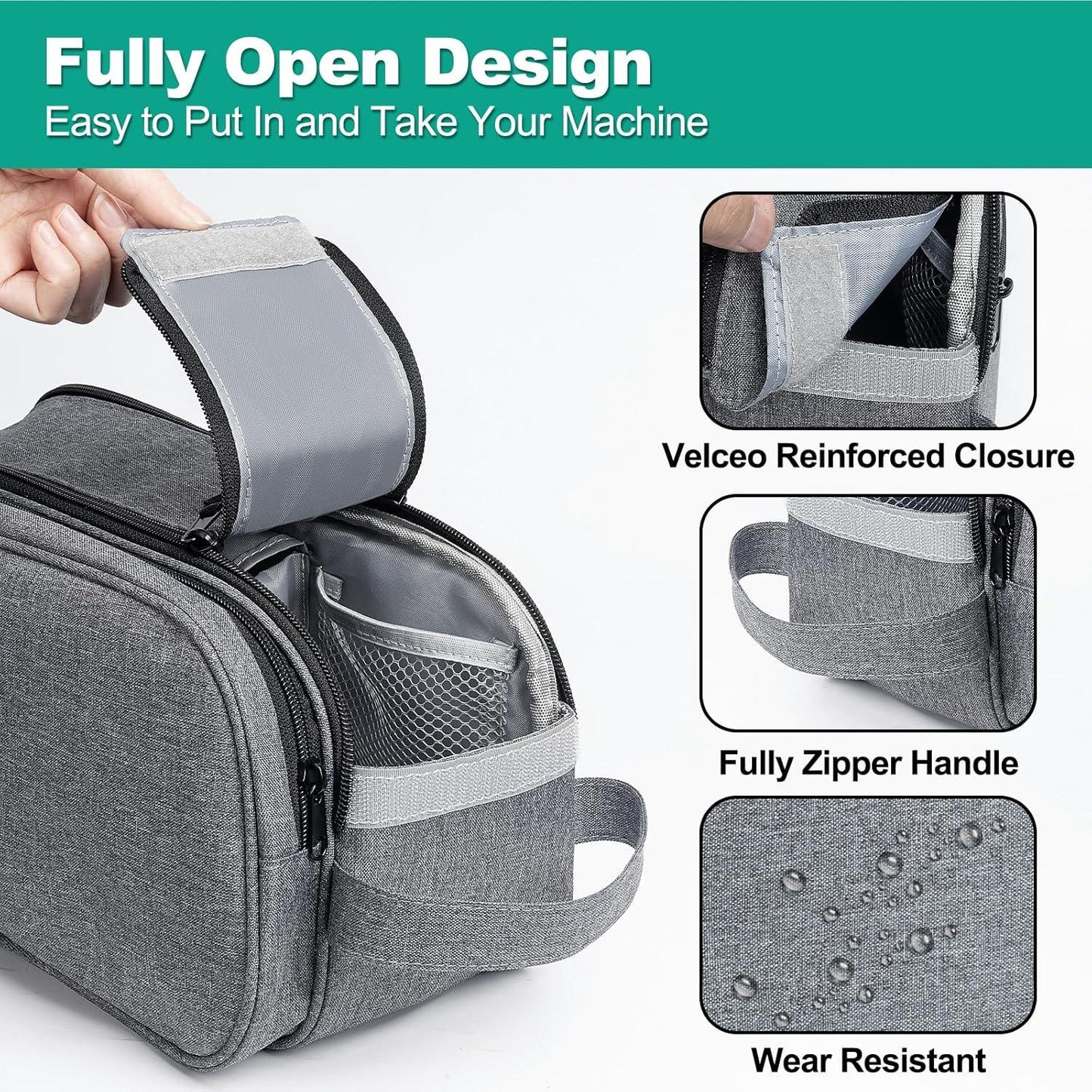 Grey CPAP travel carrying bag with Velcro closure, zipper handle, and water-resistant fabric.