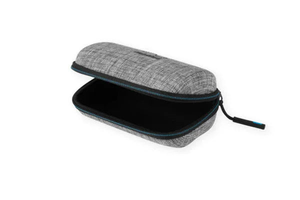 Grey zippered hard case for CPAP accessories, open with black interior, travel-friendly