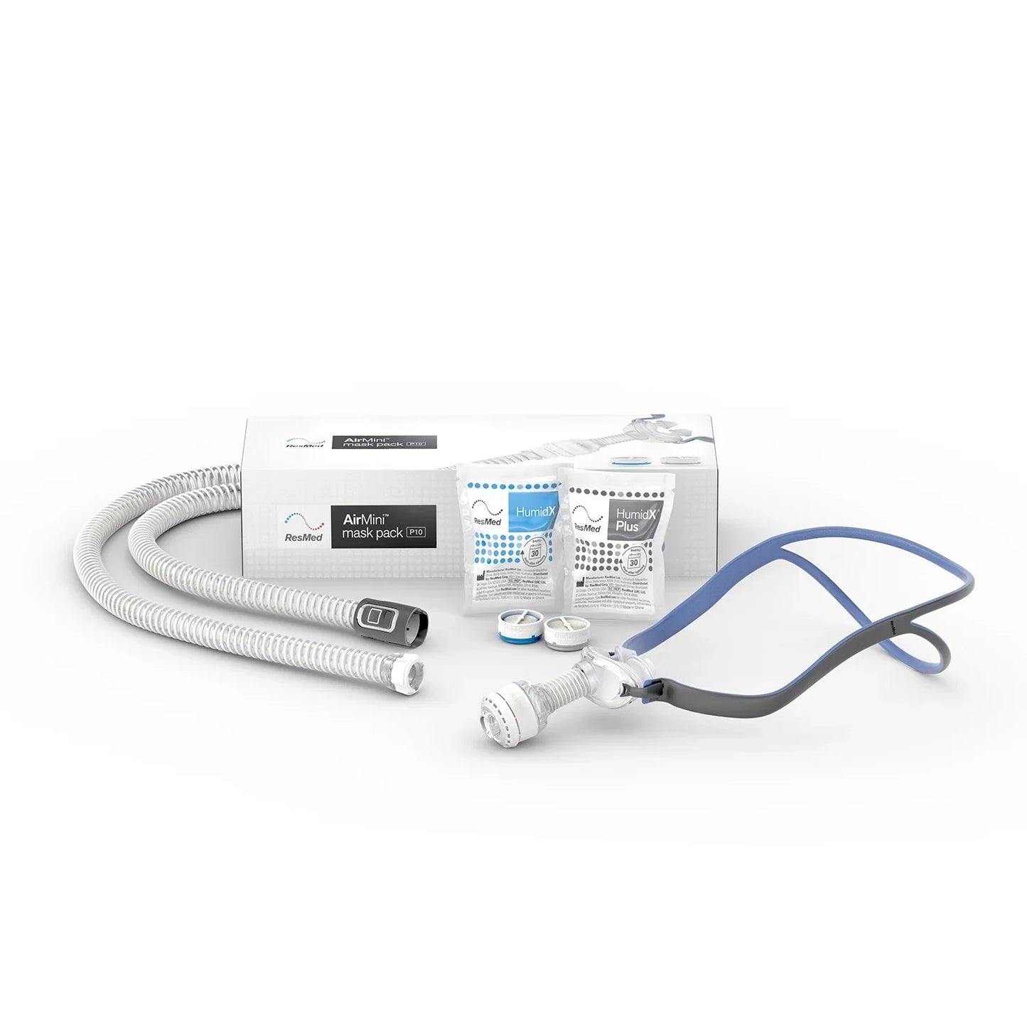 CPAP nasal mask pack with tubing, headgear, and HumidX filters on white background