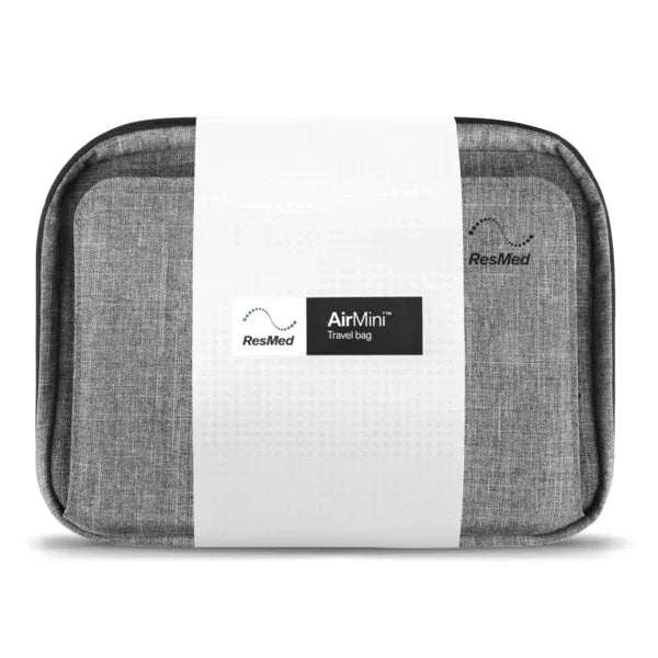 Grey ResMed AirMini travel bag for CPAP accessories, compact and rectangular design