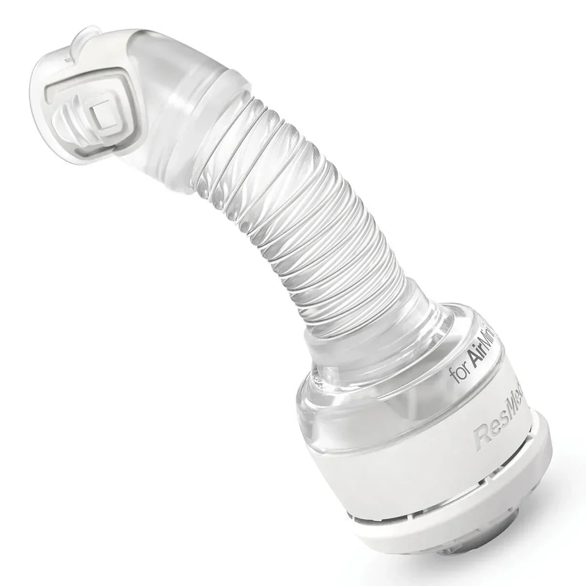 Flexible CPAP hose connector for sleep apnea machine, clear plastic with attached swivel end