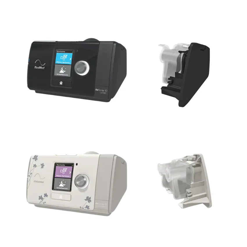 CPAP machines with display screens and compatible humidifier water chambers on white background