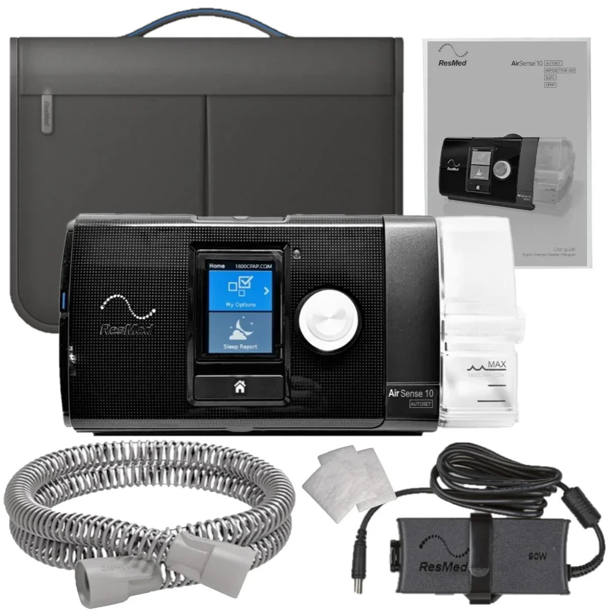 ResMed AirSense 10 CPAP machine with hose, power supply, filters, travel bag and manual