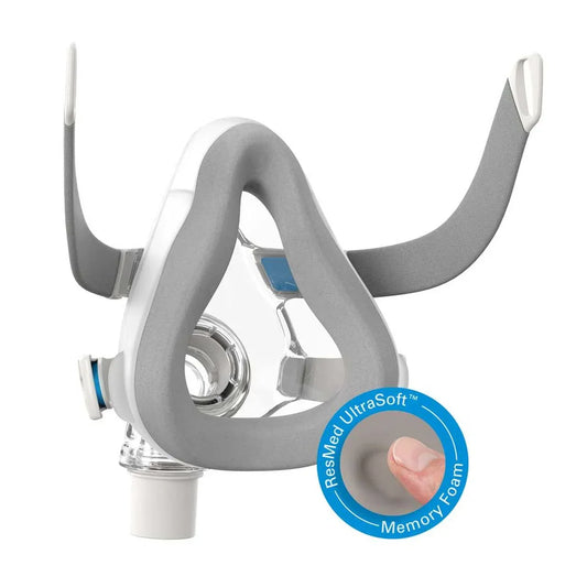 CPAP full face mask with grey memory foam cushion and adjustable headgear for sleep apnea