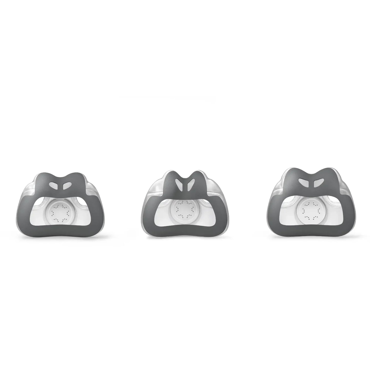 Three CPAP nasal mask cushions in different sizes on white background, sleep apnea supplies