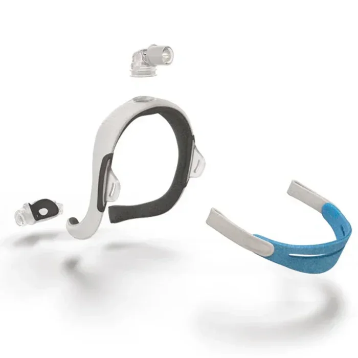 CPAP headgear and mask frame parts for sleep apnea therapy, shown isolated on white background