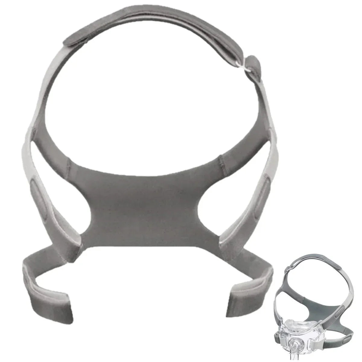 CPAP mask headgear strap with soft grey fabric and clear mask attachment for sleep therapy