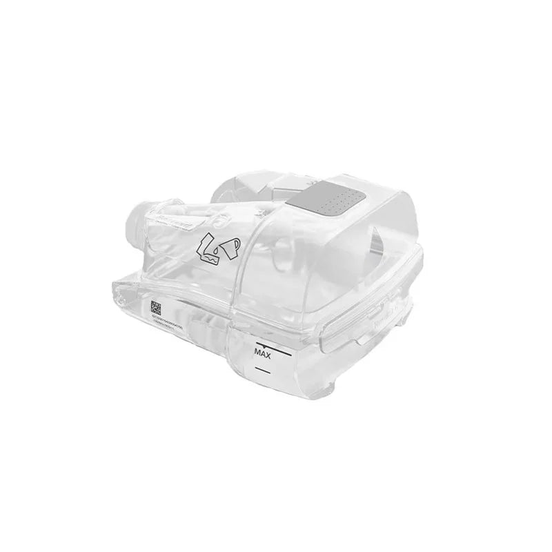 Clear AirSense 11 humidifier water chamber for CPAP machine on white background