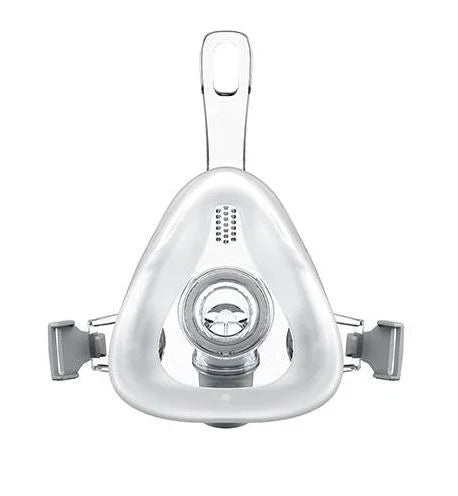 Full face CPAP mask with clear silicone cushion and headgear for sleep apnea therapy