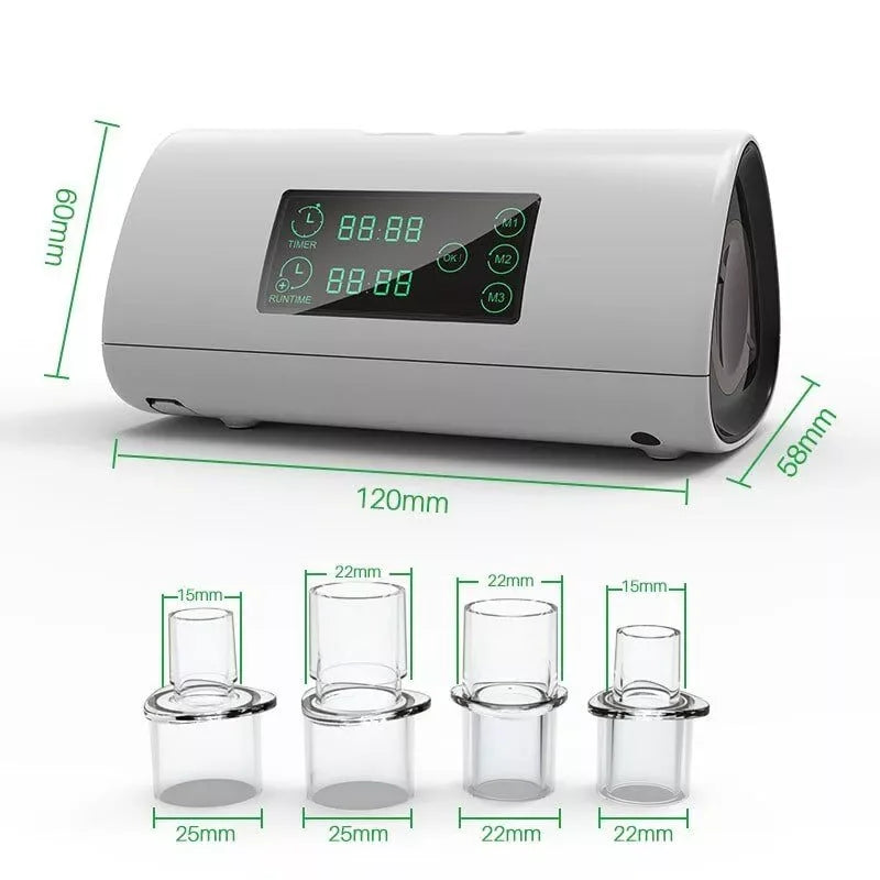 CPAP cleaning machine with digital display and multiple adapter sizes, dimensions labeled.