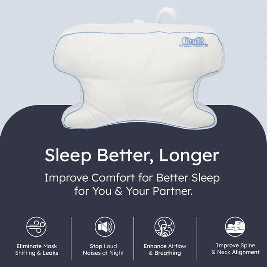 Ergonomic CPAP pillow for sleep apnea, white memory foam with contour support design.