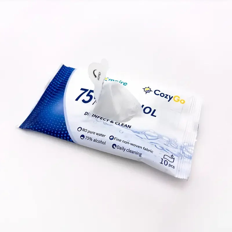 CozyGo 75% alcohol disinfectant wipes pack, partially opened, on white background.