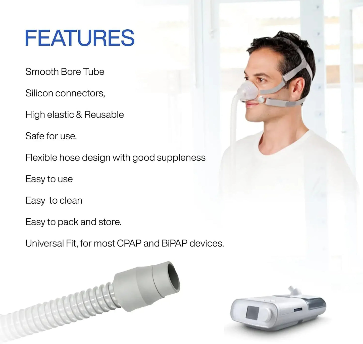 A promotional product graphic for a sleep apnea mask and breathing tube set. The image features a man wearing the mask on the right, a flexible gray breathing tube at the bottom left, and the white and silver CPAP device at the bottom right, with a blue 'FEATURES' heading and a list of product attributes on the left.