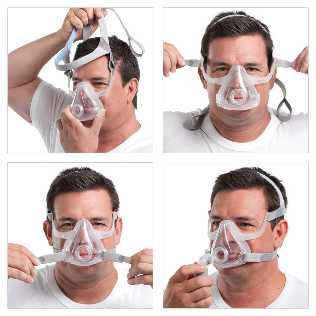 Man demonstrating how to wear a CPAP full face mask for sleep apnea therapy