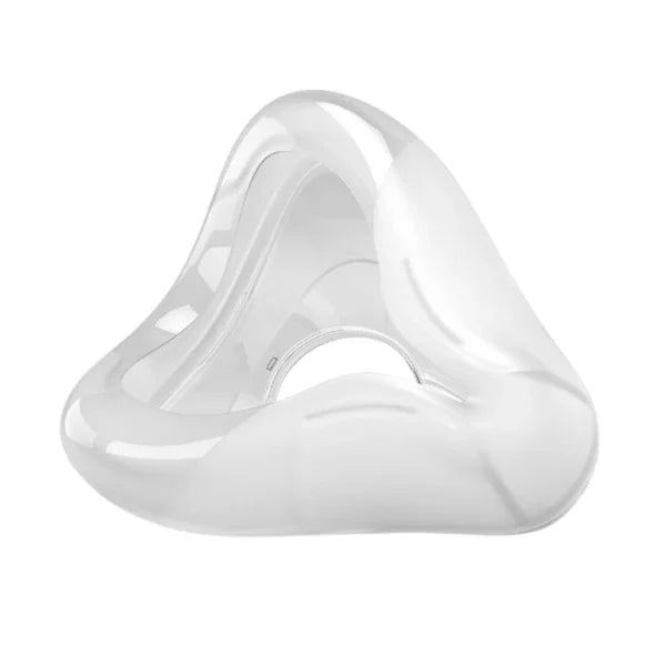 Clear silicone CPAP mask cushion for sleep apnea therapy on white background