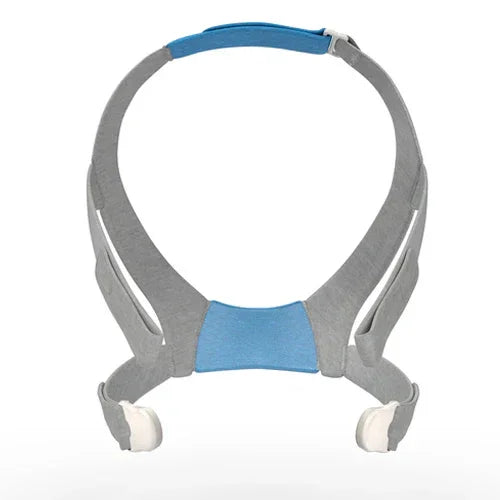 Adjustable gray and blue CPAP headgear for nasal mask, shown front view on white background.