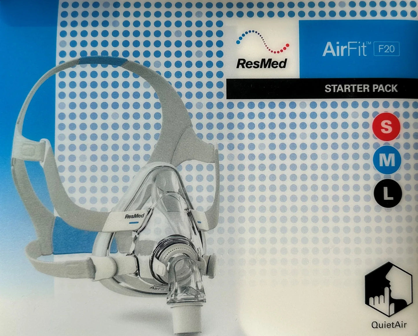 ResMed AirFit F20 CPAP full face mask starter pack with headgear and QuietAir feature
