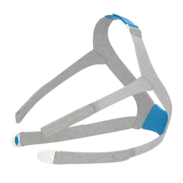Gray adjustable CPAP mask headgear for sleep apnea therapy on white background