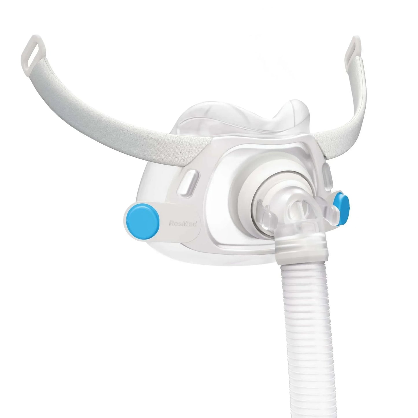 CPAP nasal mask with headgear and hose for sleep apnea therapy on white background