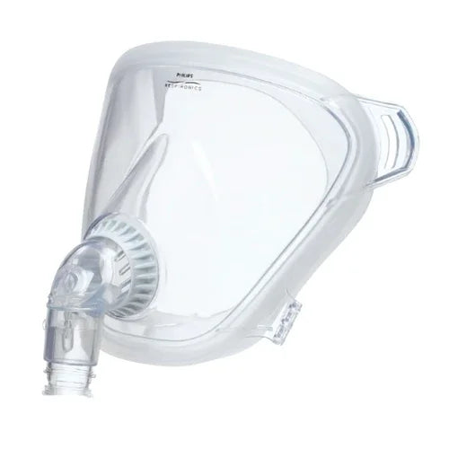 Full face CPAP mask for sleep apnea therapy with transparent cushion and Philips logo