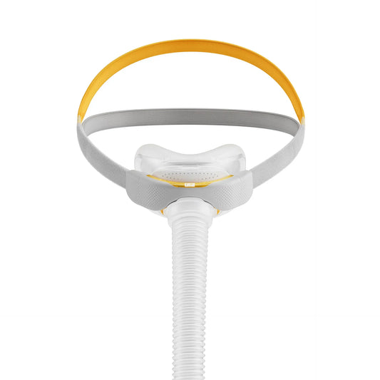 Fisher & Paykel Solo nasal CPAP mask front view with headgear and tubing