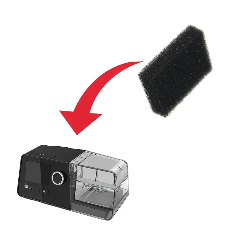 CPAP machine with black foam filter and red arrow indicating filter replacement