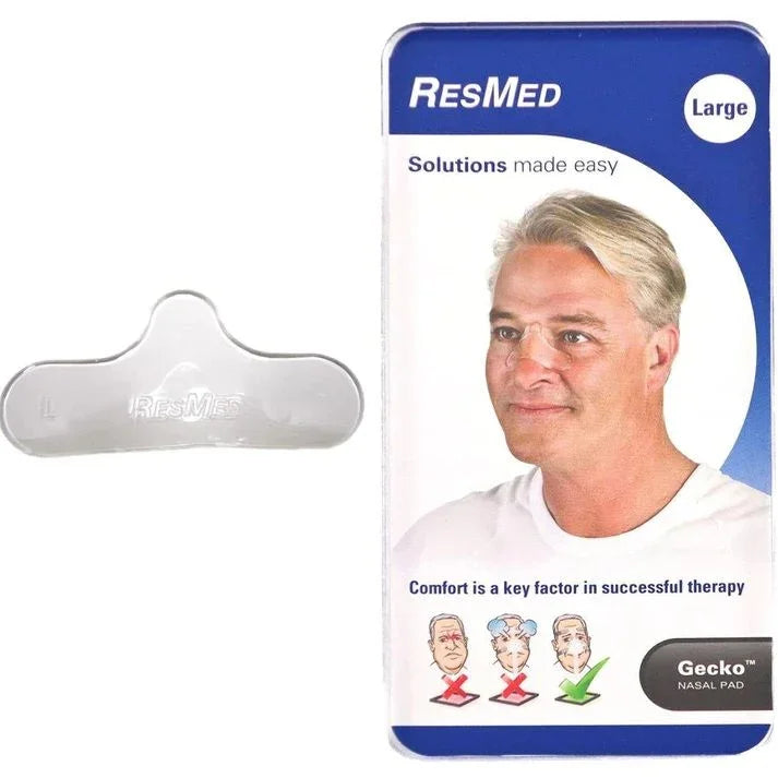 ResMed Gecko nasal pad large size with packaging and model wearing nose pad, CPAP accessory