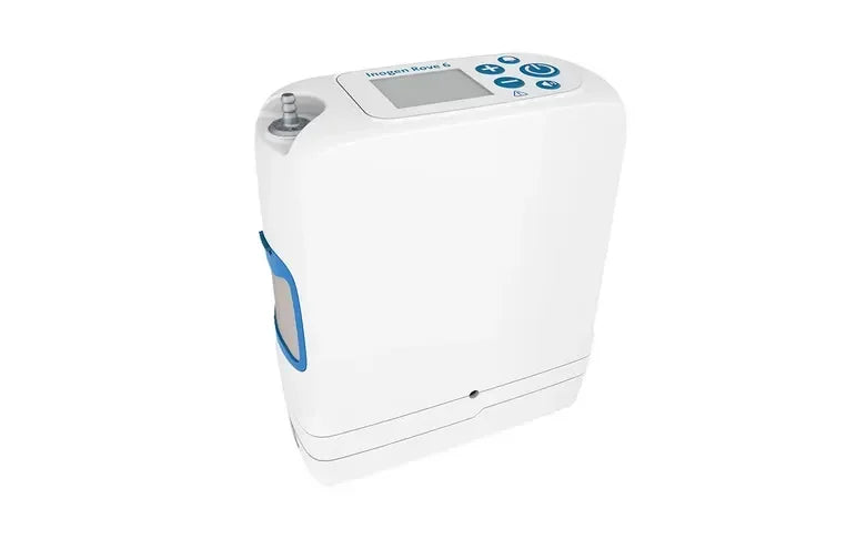 Portable oxygen concentrator with digital display and control buttons, side view