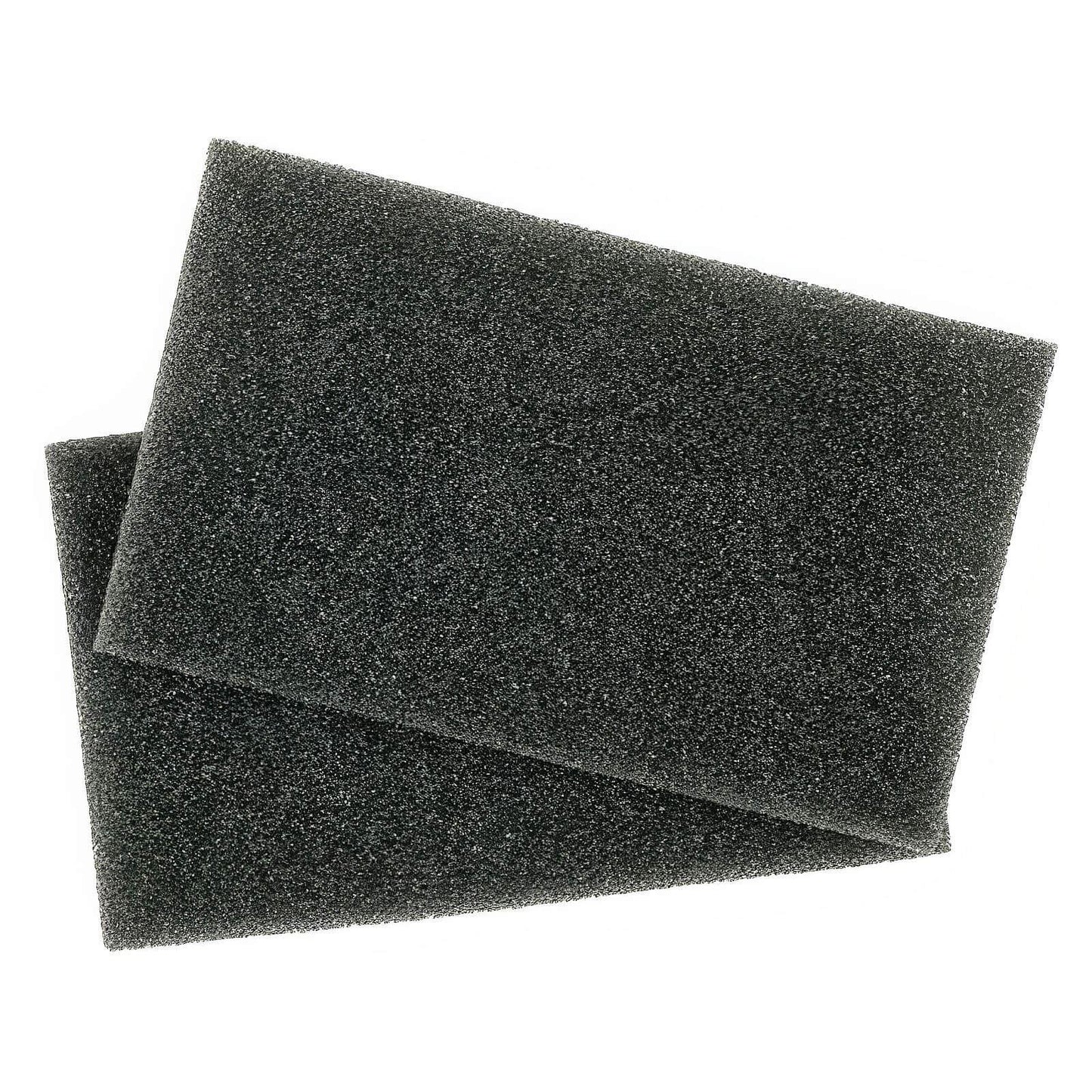 Two rectangular dark gray foam filter pads stacked slightly offset on a plain white background.