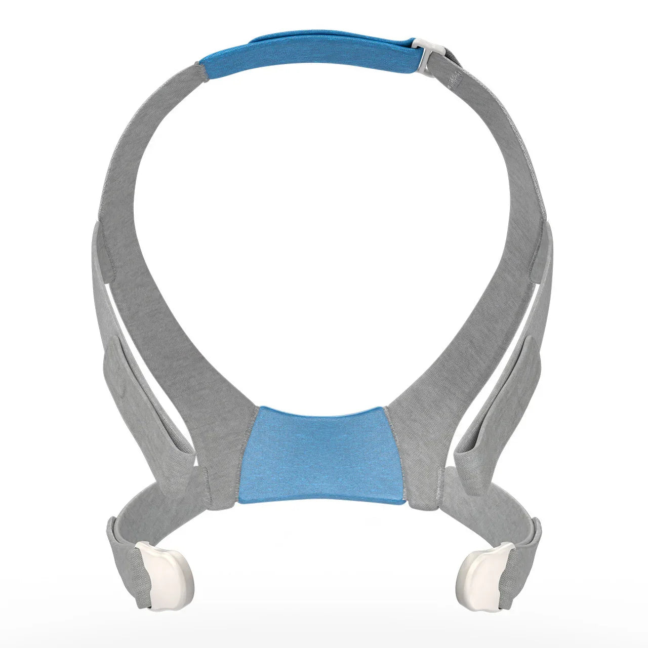 Gray and blue CPAP mask headgear for sleep apnea therapy on white background