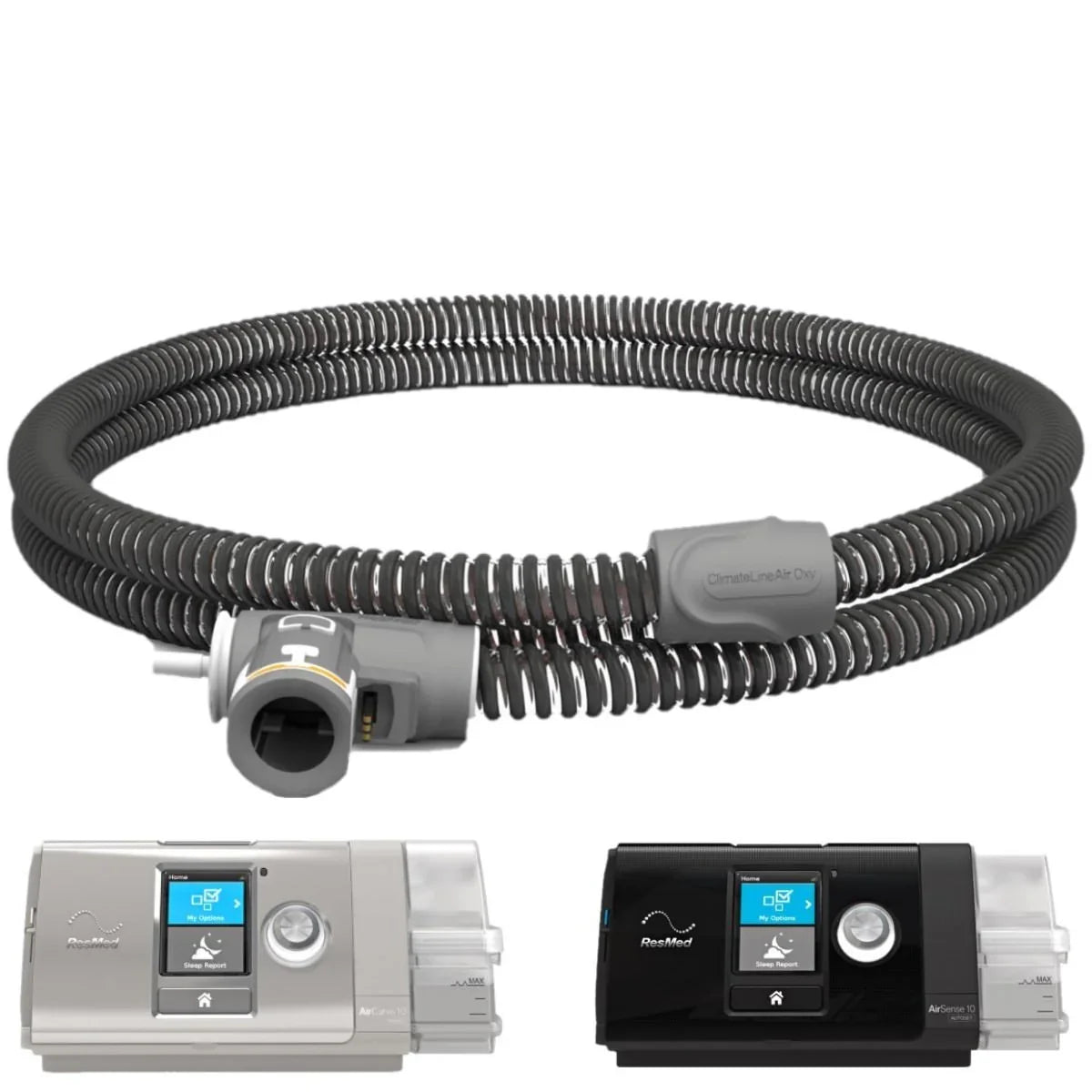 CPAP heated hose with two CPAP machines shown below on a white background