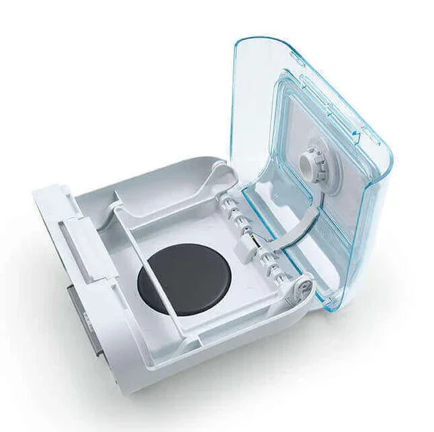 Open CPAP humidifier water chamber with transparent lid, sleep therapy device component