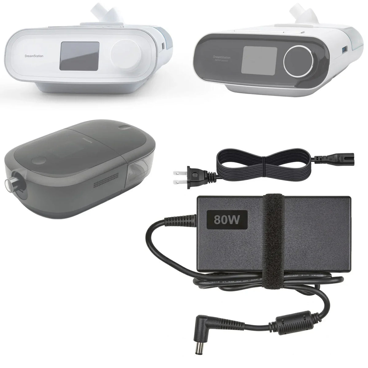DreamStation CPAP machine in white and grey with 80W power adapter
