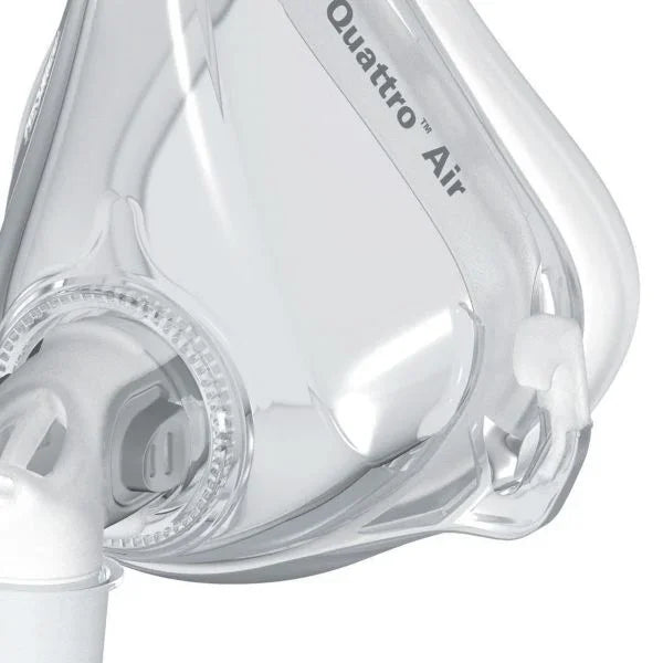 Clear ResMed Quattro Air CPAP full face mask for sleep apnea therapy, close up view