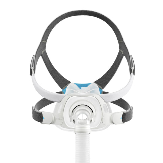A CPAP mask with a white and gray headband system, featuring a blue accent on the front, shown with an attached white breathing tube against a solid white background.