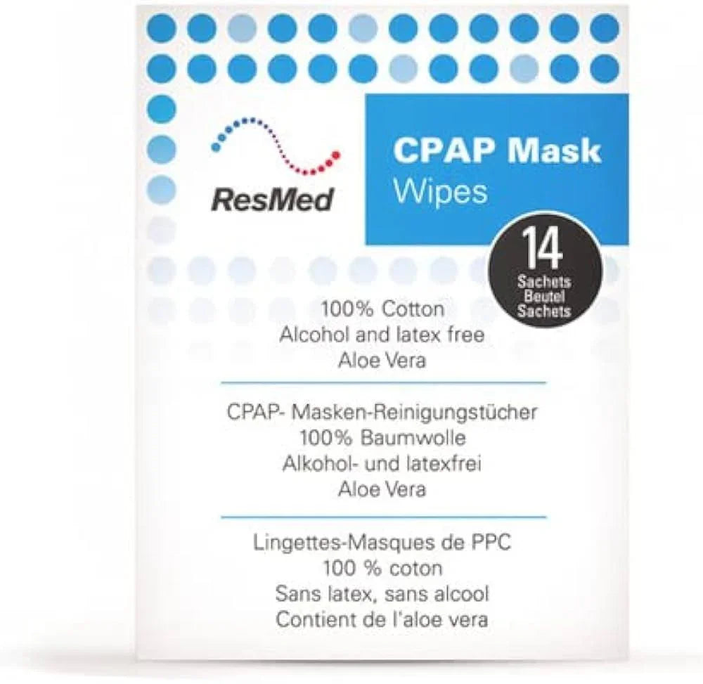 ResMed CPAP mask wipes pack, 14 cotton, alcohol and latex free sachets with aloe vera