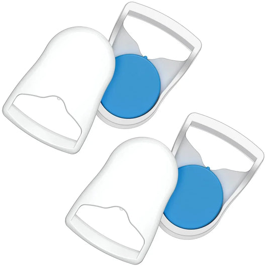 Pair of white and blue CPAP mask clips for sleep apnea therapy