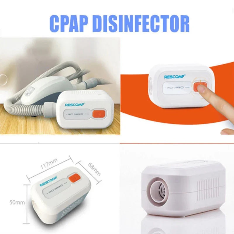 Portable CPAP disinfector device with hose attachments shown from multiple angles.