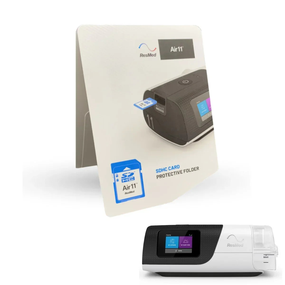 SDHC card protective folder for Air11 CPAP machine with device pictured on white background