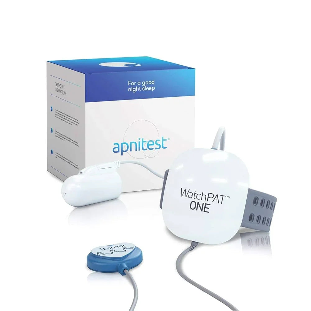 WatchPAT ONE sleep apnea home test device with Apnitest box and sensor accessories