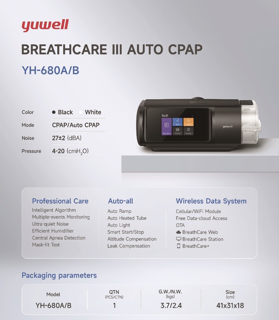 Yuwell BreathCare III YH-680 Auto CPAP Machine with Humidifier & WiFi