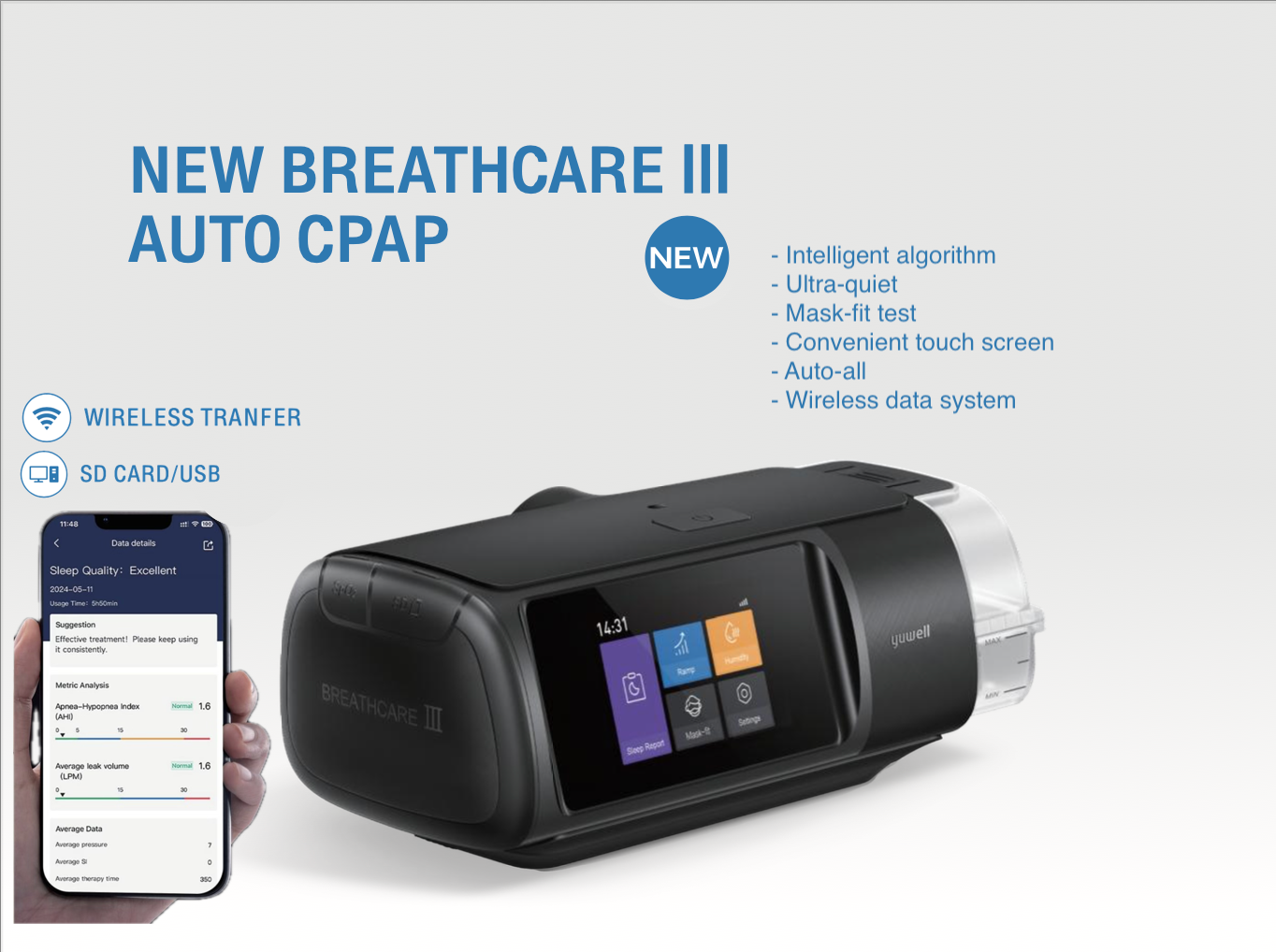 Yuwell BreathCare III YH-680 Auto CPAP Machine with Humidifier & WiFi