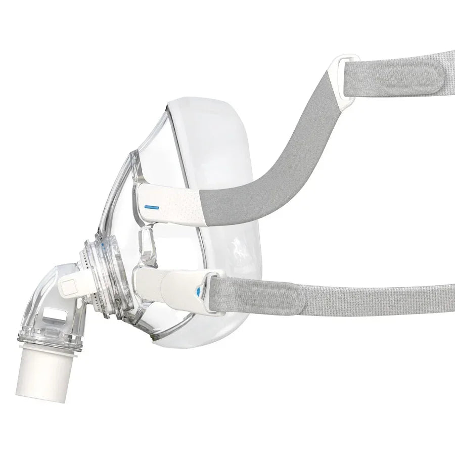 Full face CPAP mask side view with adjustable grey headgear and clear cushion for sleep apnea