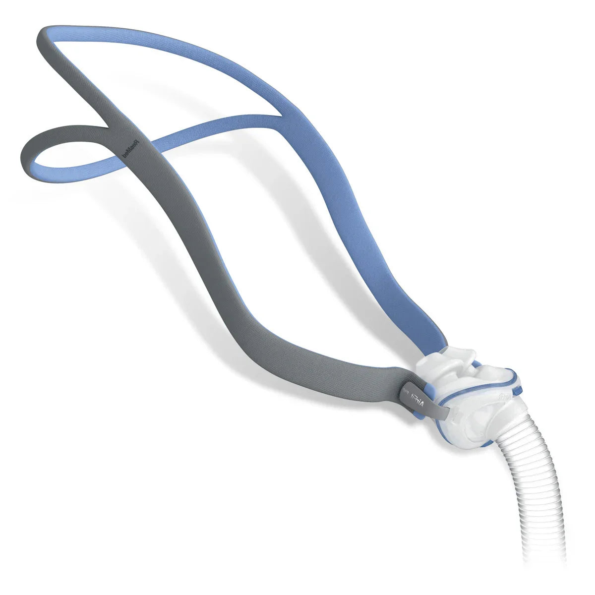 Nasal pillows CPAP mask with blue and gray headgear and flexible tube for sleep apnea therapy