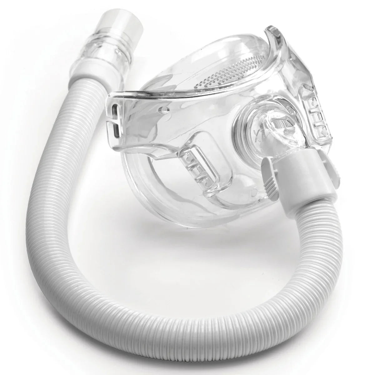 Full face CPAP mask with attached hose for sleep apnea therapy on white background