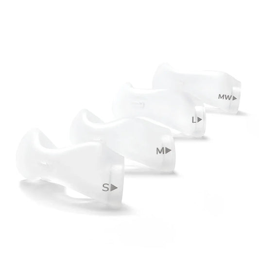 DreamWear nasal cushion sizes S, M, L, MW for CPAP mask shown on white background