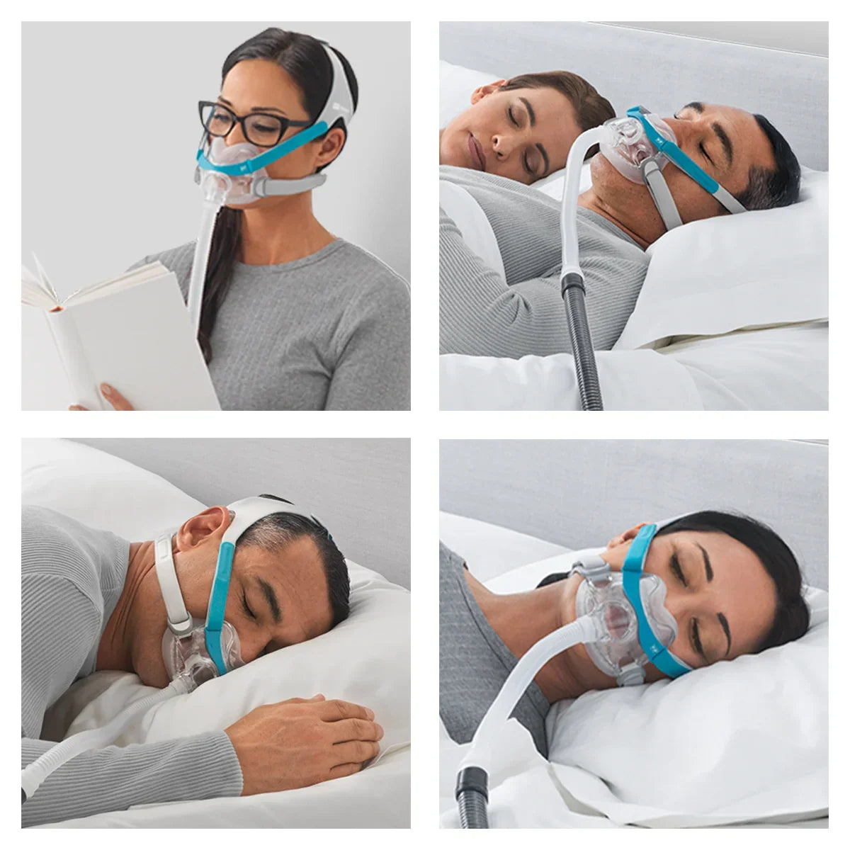 People wearing full face CPAP mask in various sleeping and resting positions.