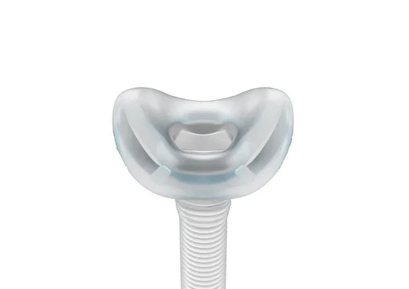 CPAP nasal mask cushion with attached tubing for sleep therapy, top view